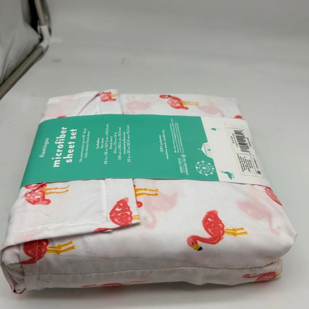 Pillowfort Twin Microfiber Sheet Set Pink Flamingos White 3 Piece Bedding NEW